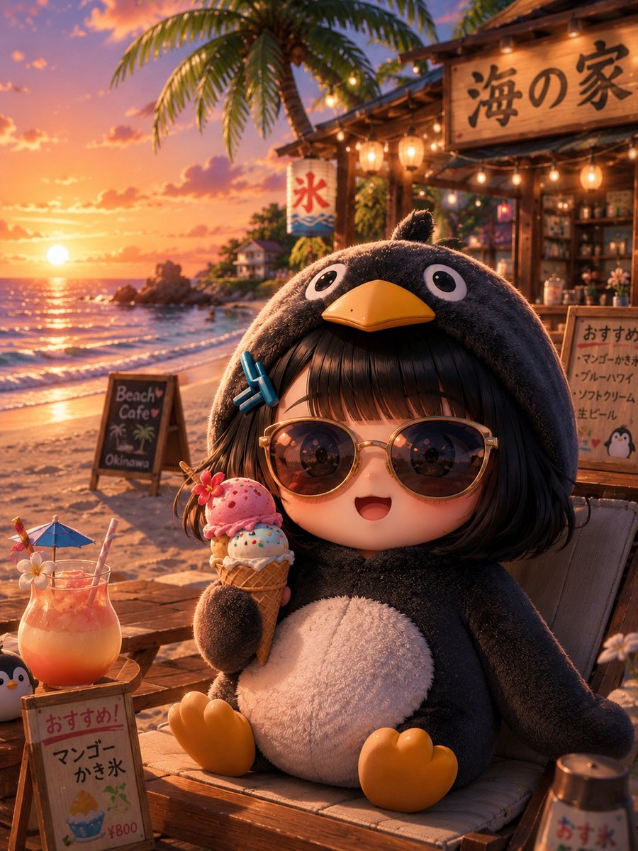 Chibi Penguin Hoodie Beach Sunset